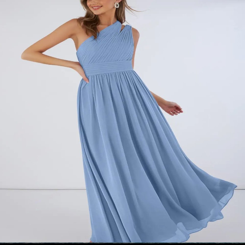 NWT AZAZIE MOLLY A-Line One Shoulder Chiffon Floor-Length Dress Steel Blue